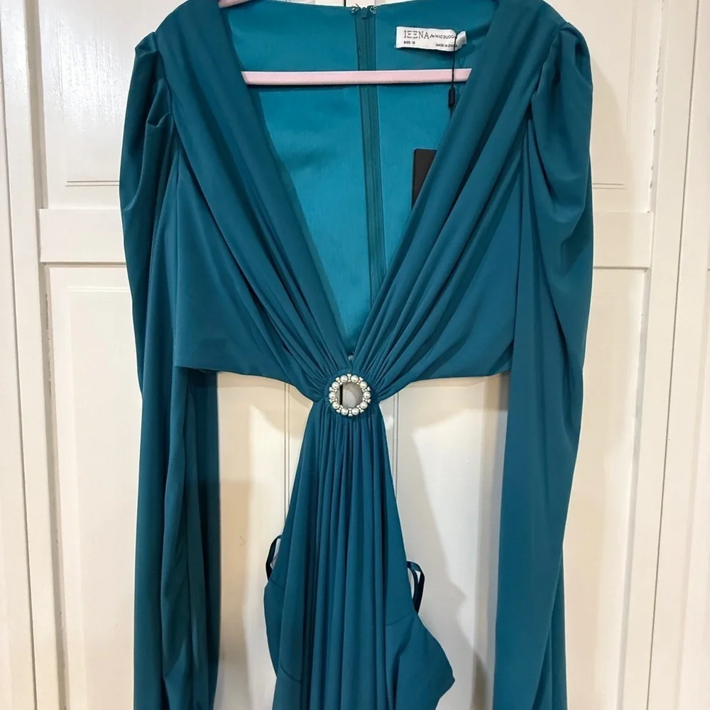 NWT |Mac Duggal 26727 Ocean Blue Jersey Puff Sleeve Cut Out Gown Size 12 - Picture 5 of 12